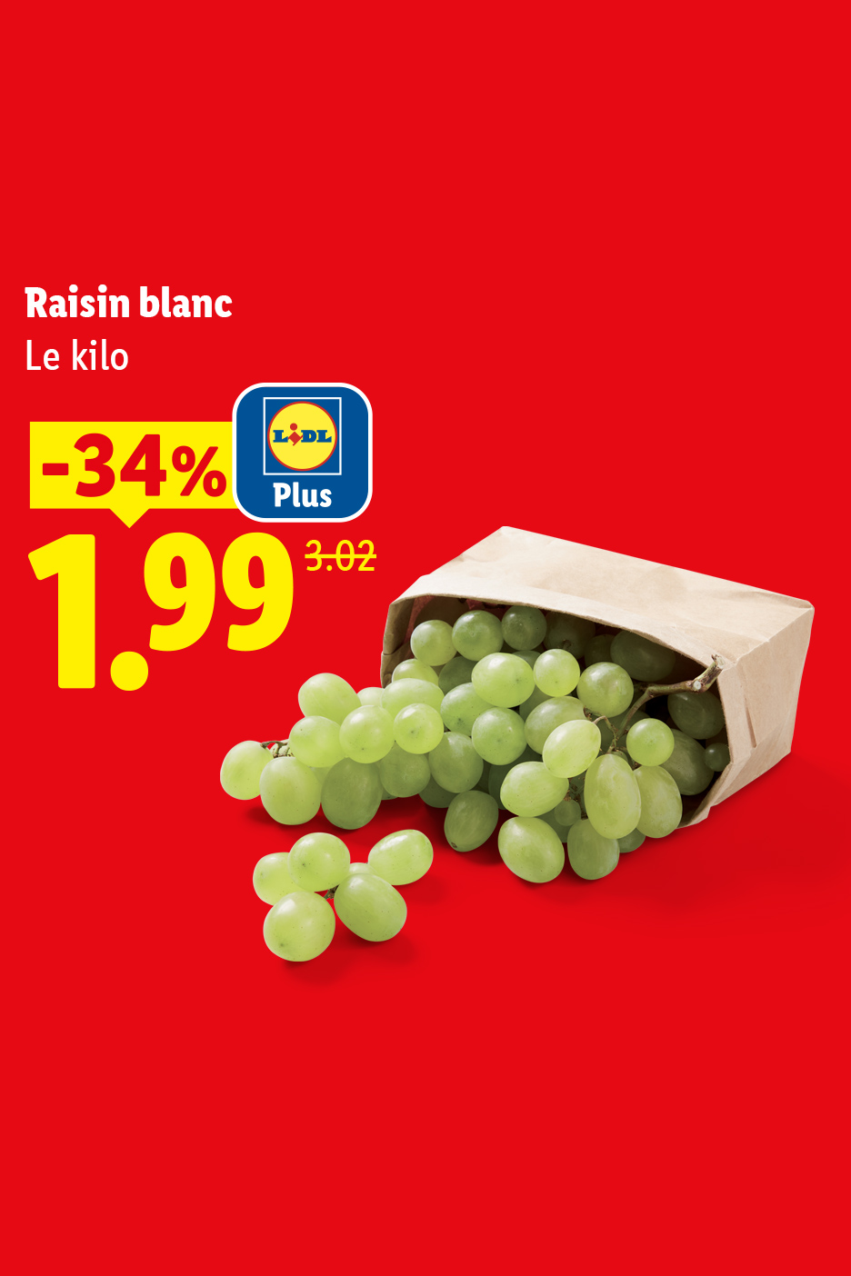 A partir du jeudi 30/07, profitez de -34% de réduction grâce à Lidl Plus sur le kilo de raison blanc, soit le kilo à 1,99€ au lieu de 3,02€, seulement chez Lidl !