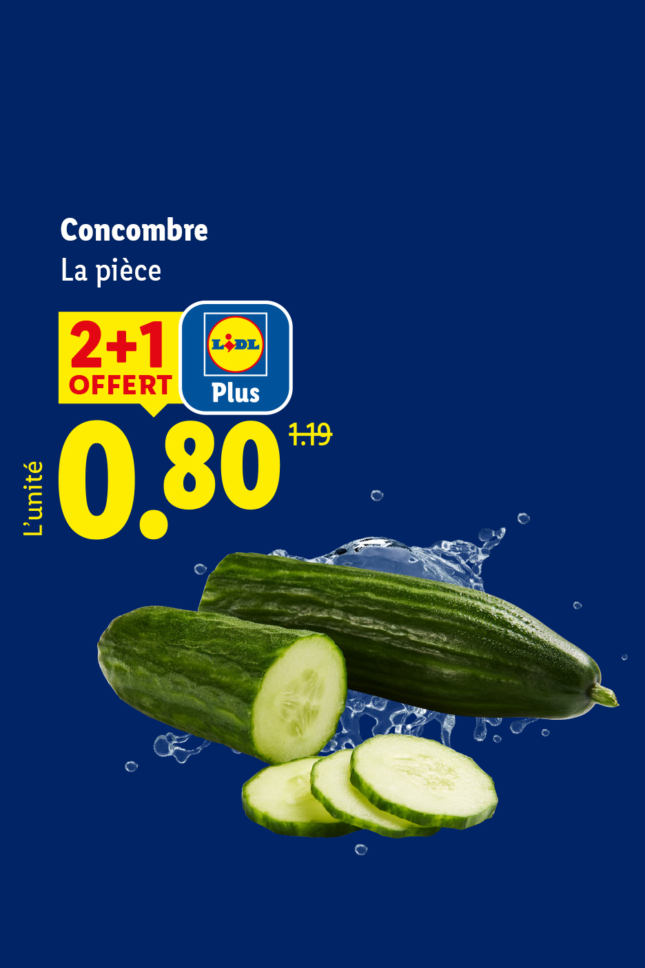 A partir du jeudi 13/08, profitez de notre remise Lidl plus 2+1 offert sur notre concombre à 0,80€ l'unité au lieu de 1,19€ seulement chez Lidl !