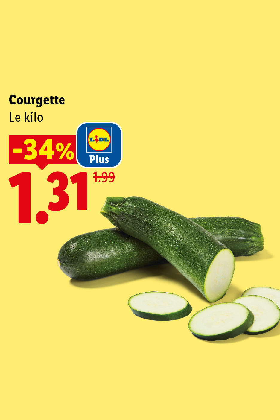 A partir du jeudi 20/08, profitez d'une remise de 20% sur notre kilo de courgettes, soit 1,31€ le kilo au lieu de 1,99€, seulement chez Lidl !