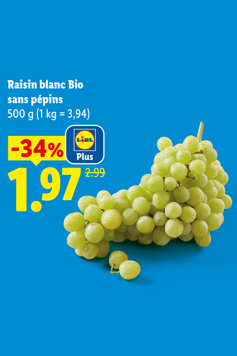 Le 27/08, profitez de -34% sur le Raisins blancs bio sans pépins, soit 1,97€ la barquette de 500 g au lieu de 2,99€
