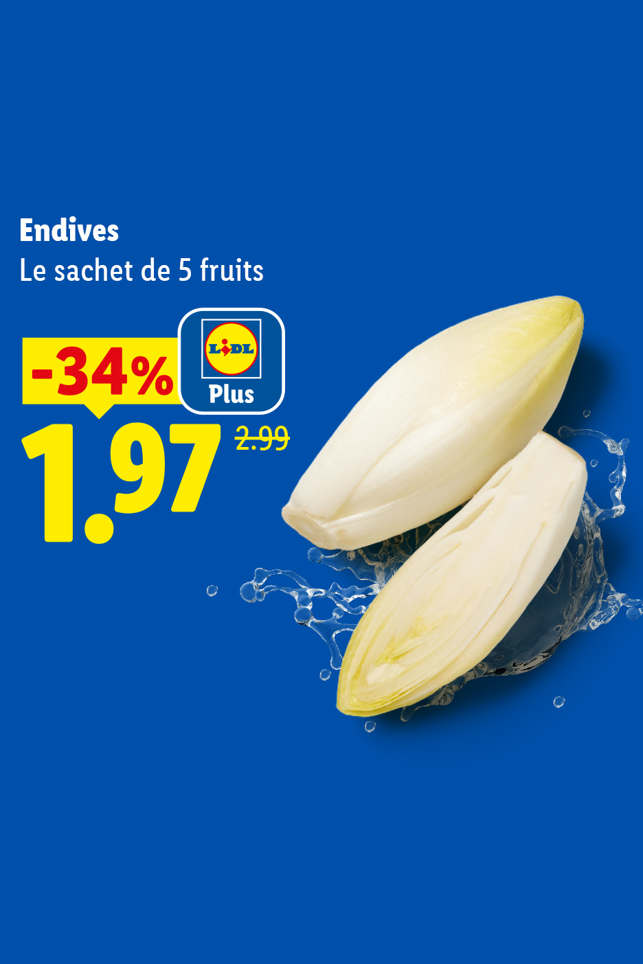 À partir du jeudi 29/10, profitez de 34% de remise avec Lidl Plus sur nos endives le sachet de 5 fruits à 1,97 € au lieu de 2,99 € chez Lidl.