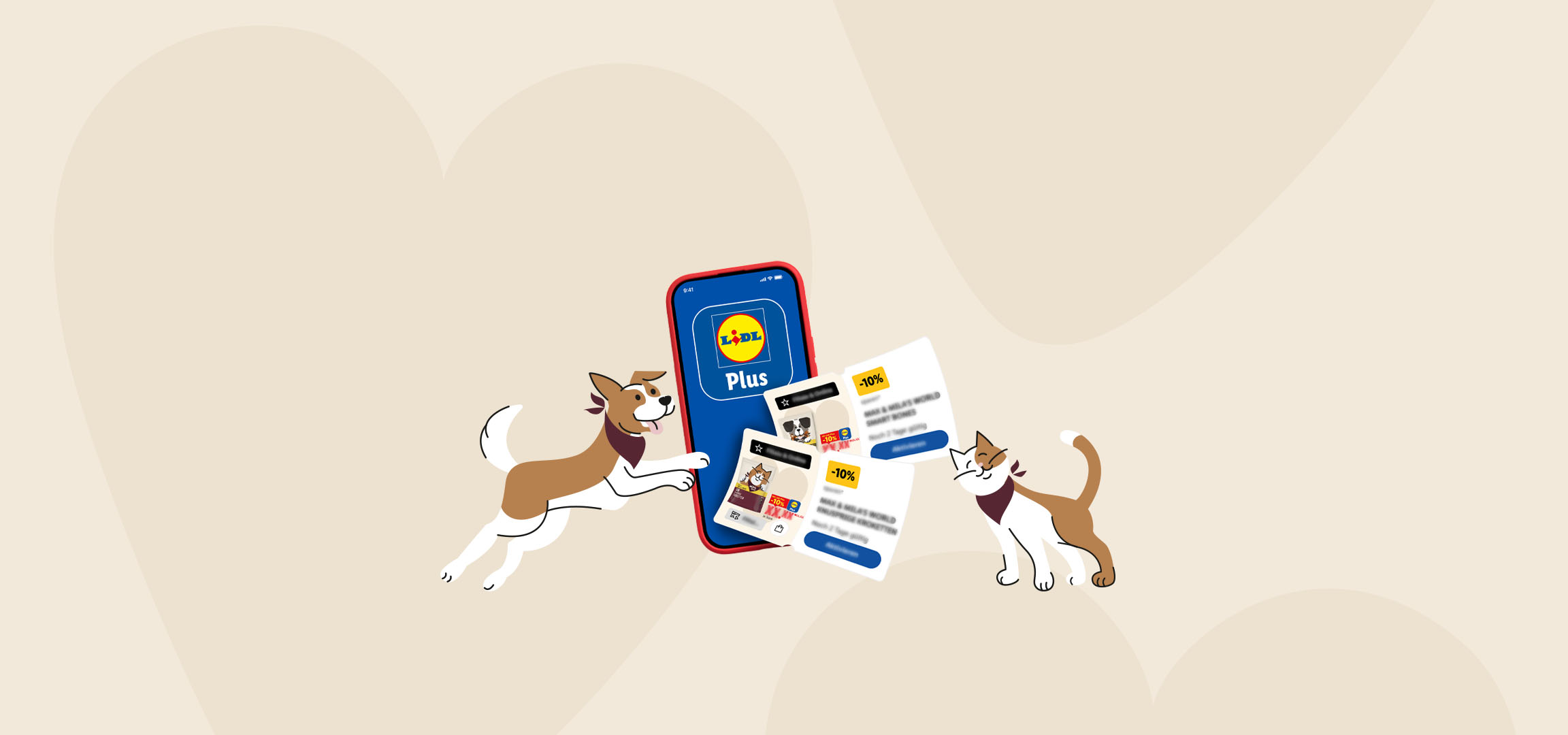 Application avec des offres d'aliments pour animaux, entourée d'un chat et d'un chien.