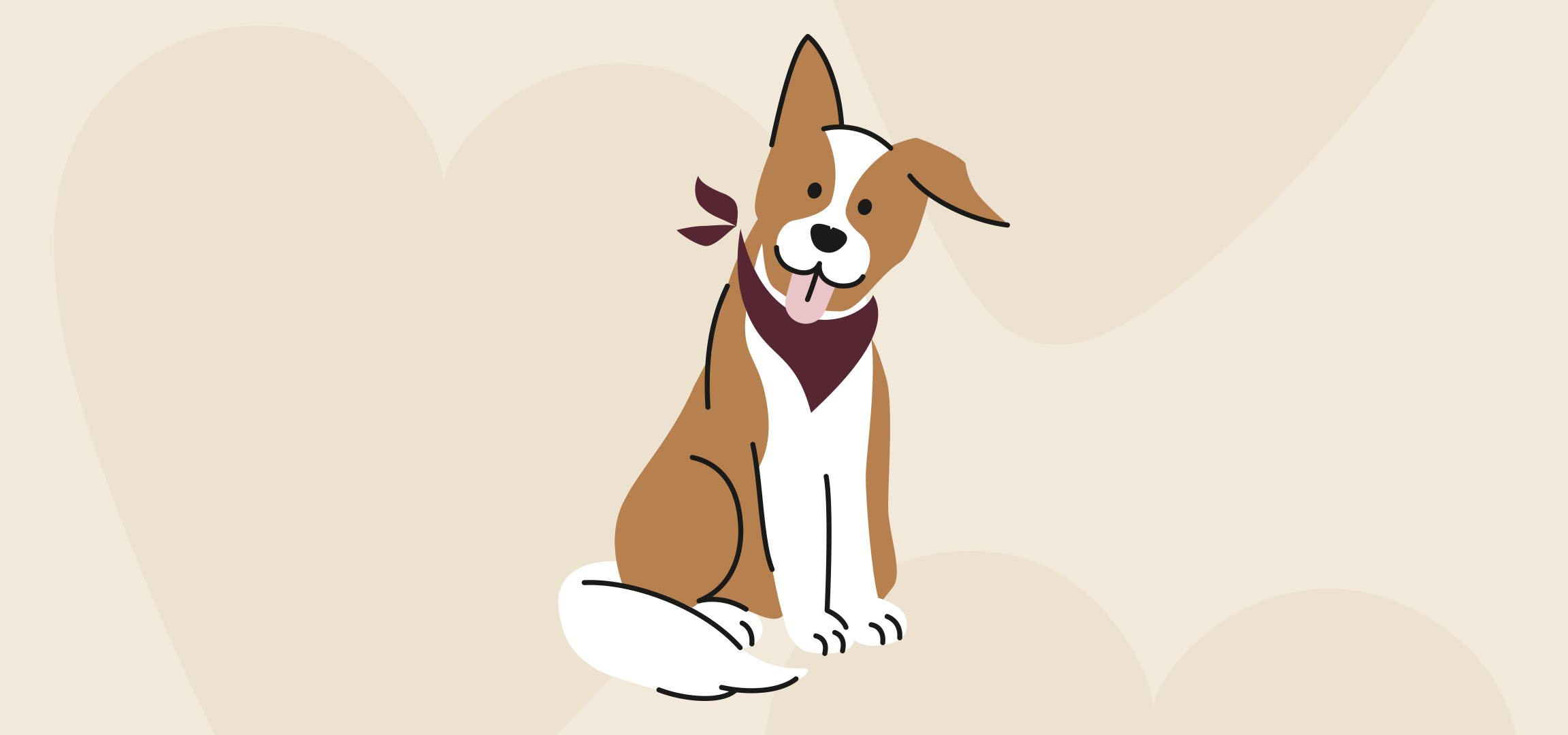 Chien de dessin animé joyeux avec bandana rouge assis sur un fond beige clair.