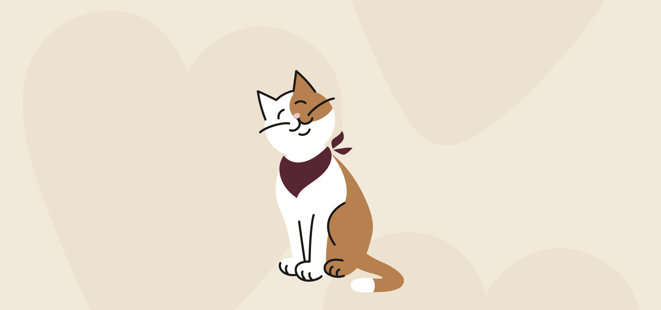 Un chat souriant avec un bandana bordeaux sur un fond beige avec des formes abstraites.
