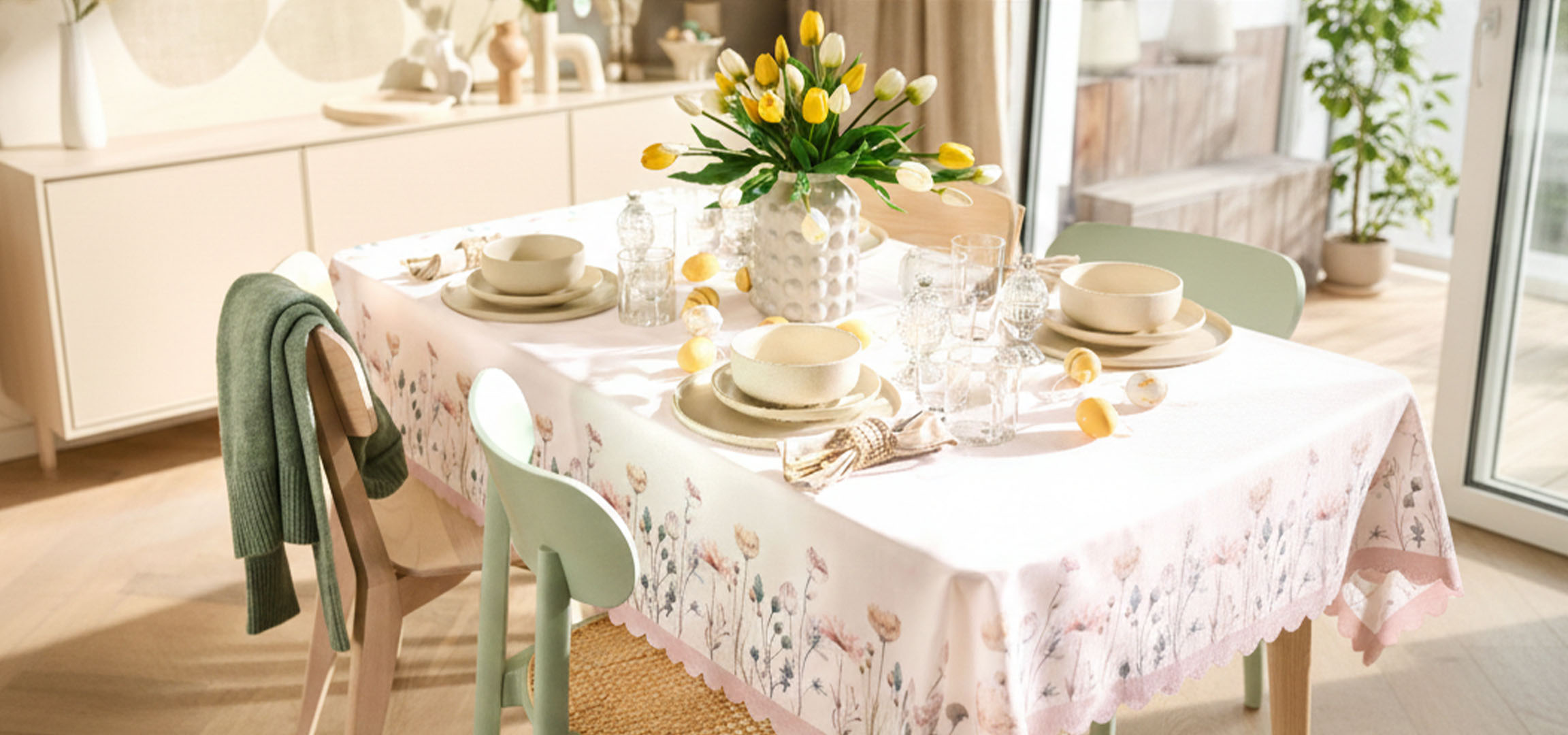 Table dressée pour le petit-déjeuner de Pâques avec des tulipes, de la vaisselle et des œufs de Pâques.