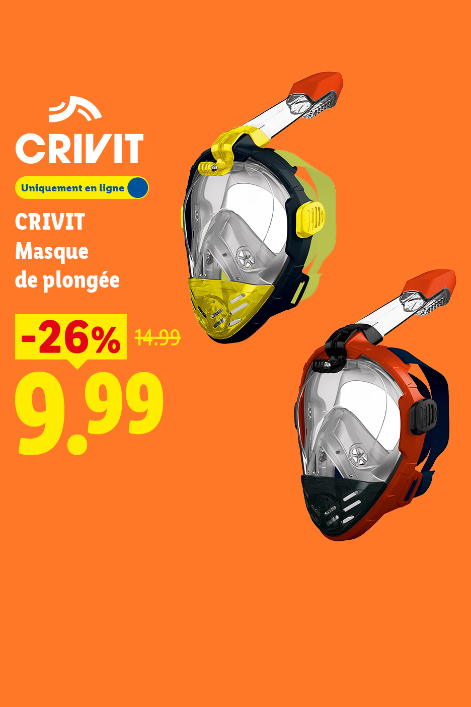 Deux masques de plongée, un jaune et un orange, avec une réduction de 26%.