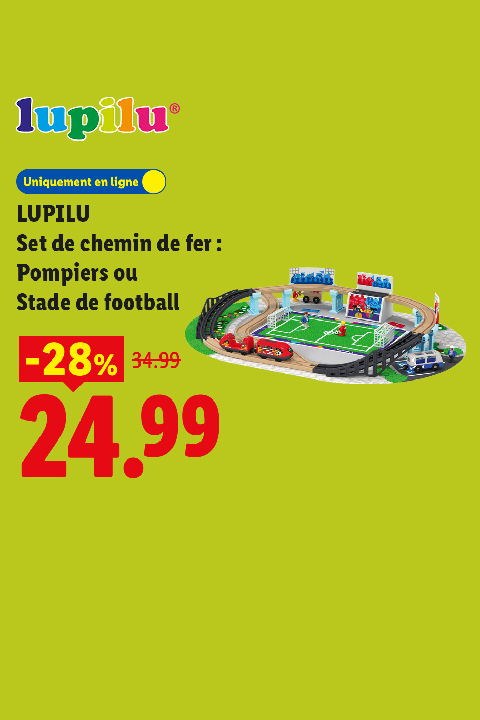 Set de chemin de fer en bois avec circuit de football, proposé à 24,99 €.