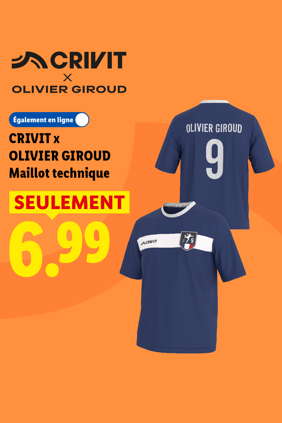 Maillot technique bleu foncé avec le nom 'Olivier Giroud' et le numéro 9, disponible pour 6,99 €.
