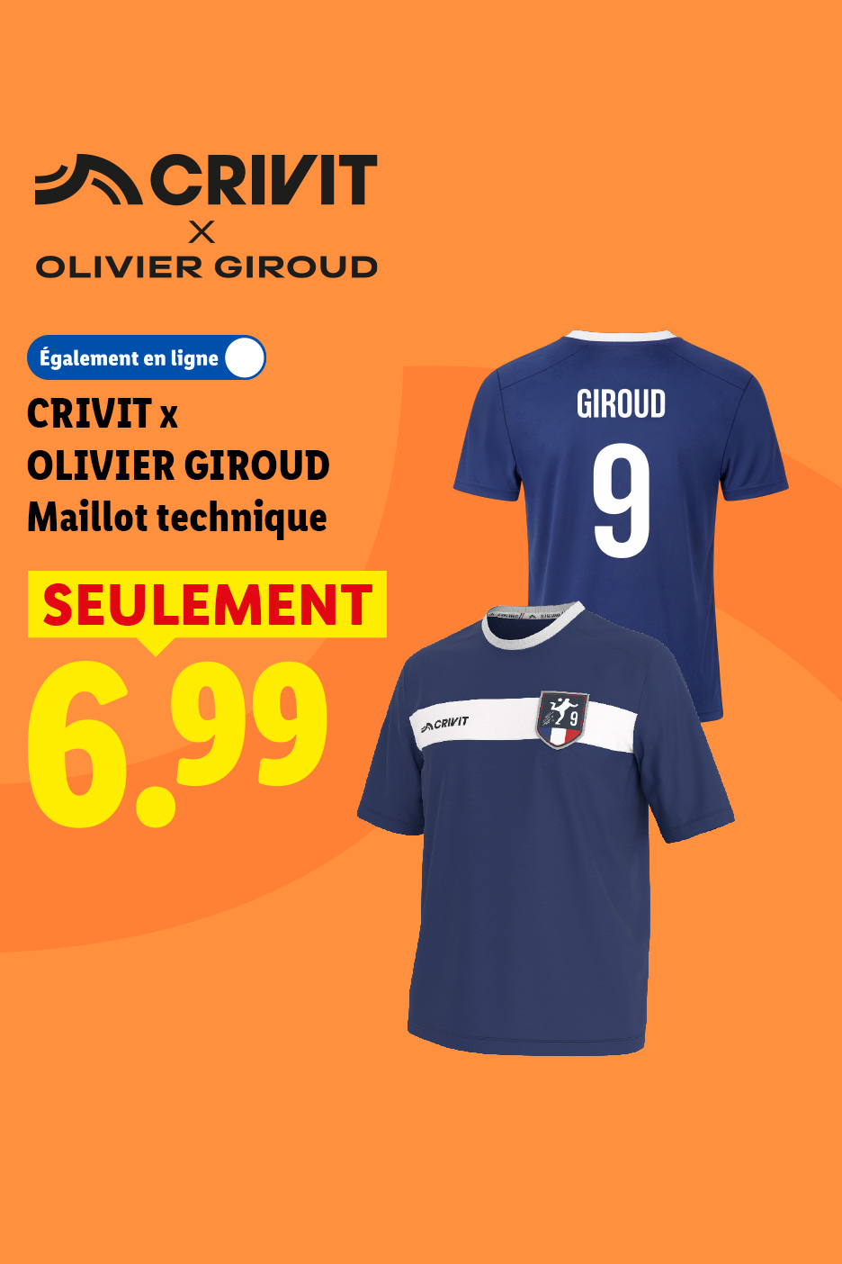 Deux maillots techniques de football, un bleu marine avec le numéro 9 et un autre avec une bande blanche, au prix de 6,99€.