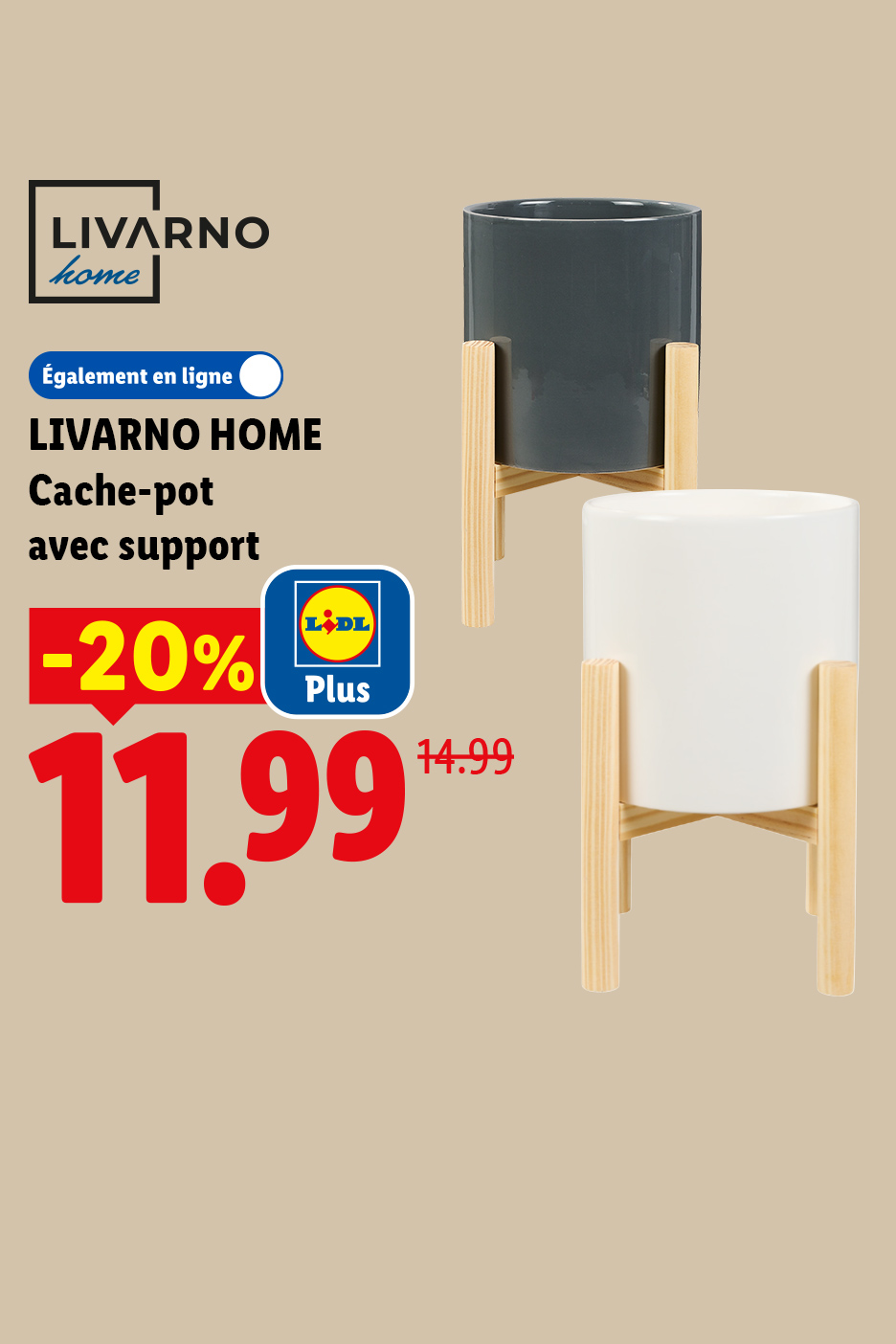 Cache-pots avec support en bois, disponibles en gris et blanc, en promotion à 11,99 €.