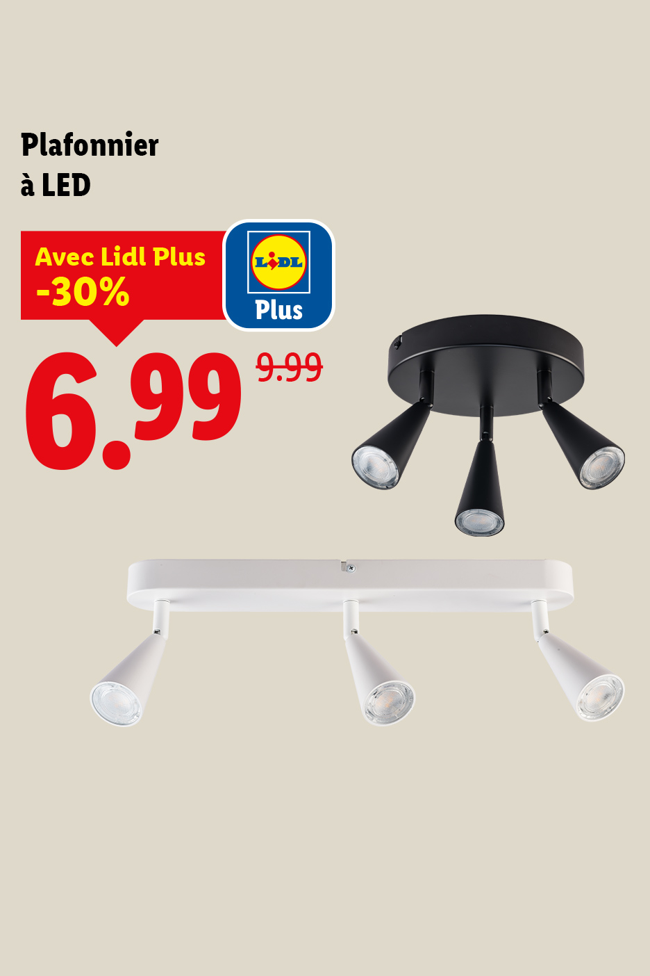 Plafonnier à LED noir et blanc, avec une offre de -30% à 6,99€ au lieu de 9,99€.