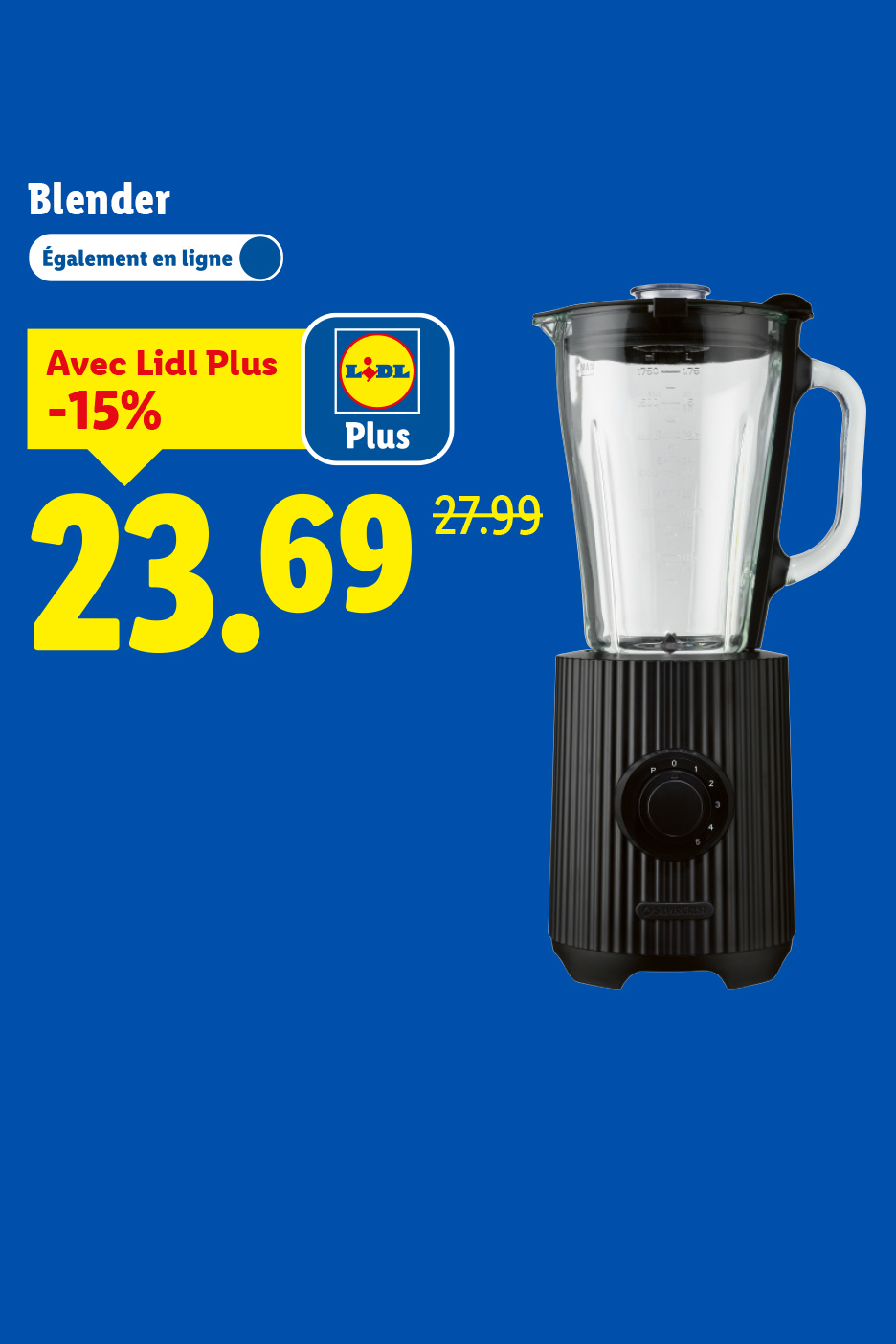 Un blender noir avec un pichet en verre, affiché avec une réduction de 15% à 23,69€.