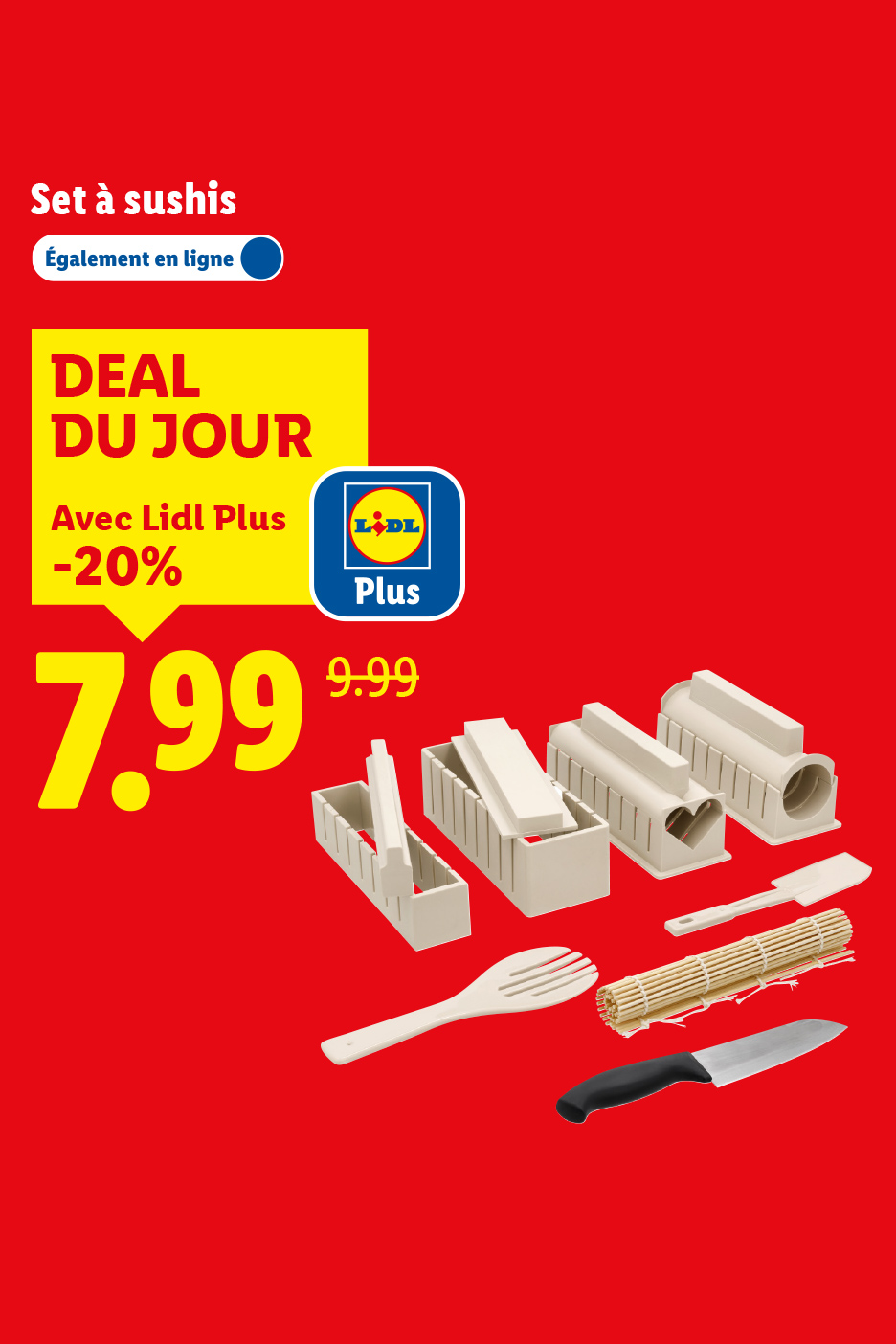 Un set à sushis avec plusieurs moules, une spatule, un tapis de bambou et un couteau, affiché à 7,99 €.