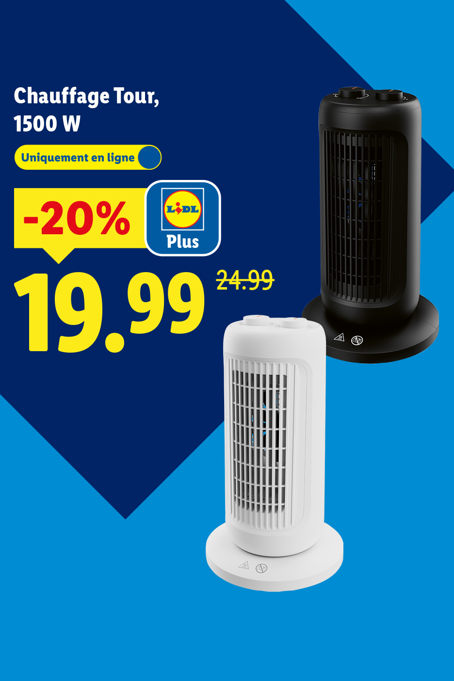 Chauffage tour 1500W, disponible en ligne, avec une réduction de 20% à 19,99€ au lieu de 24,99€.