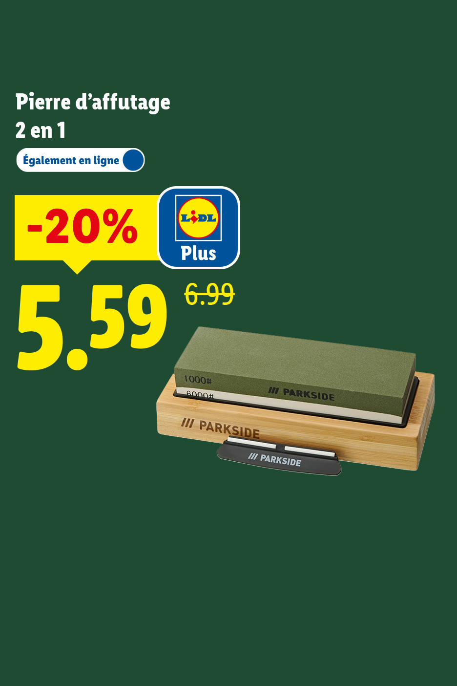 Pierre d'affûtage 2 en 1 avec une réduction de 20%, prix de 5,59€ au lieu de 6,99€.