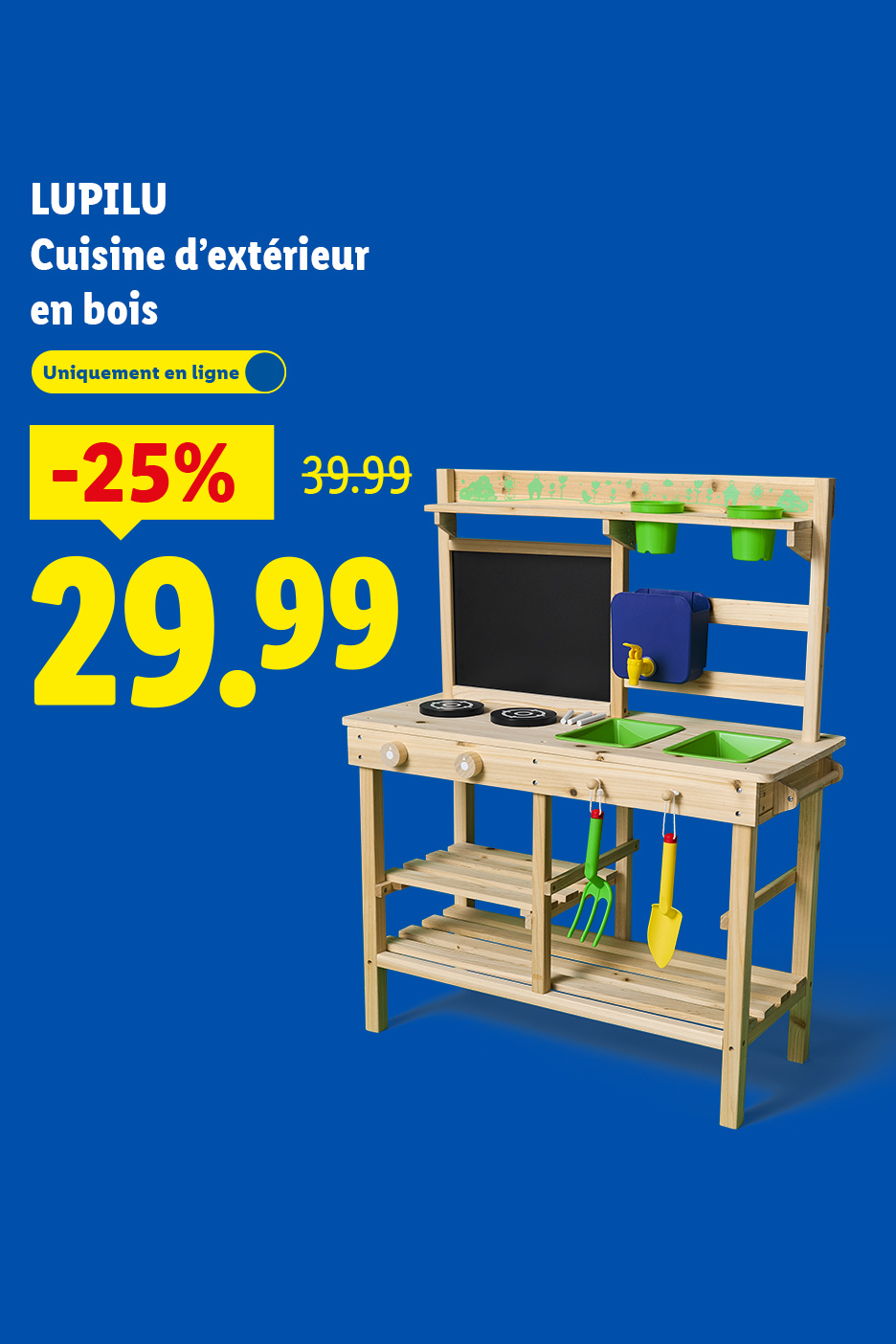 Cuisine d'extérieur en bois pour enfants, avec une réduction de 25% à 29,99 €.