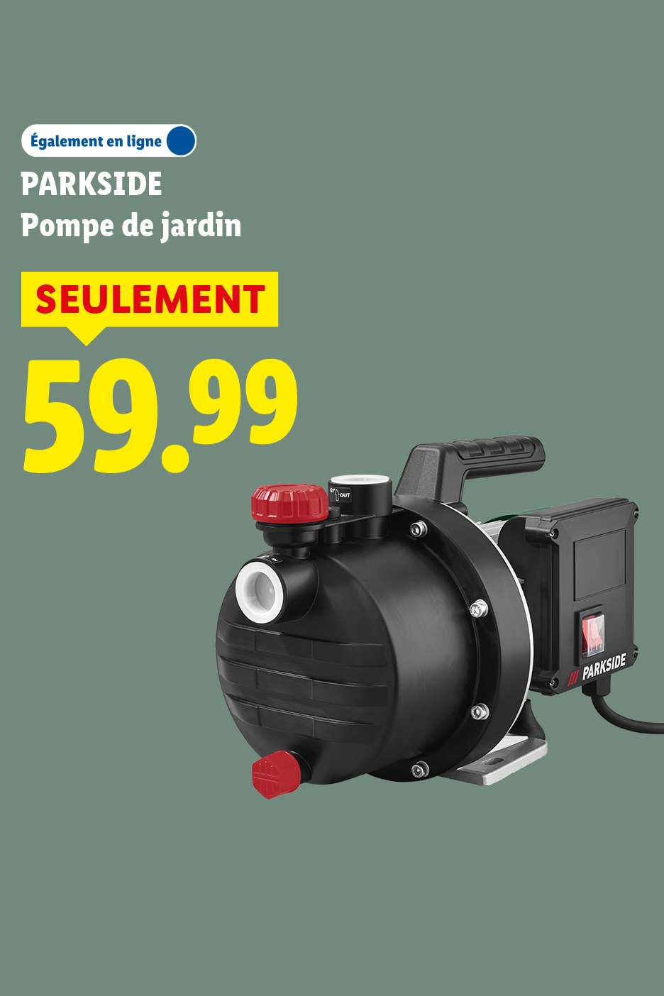Pompe de jardin noire avec des accents rouges, affichée avec un prix de 59,99 €.