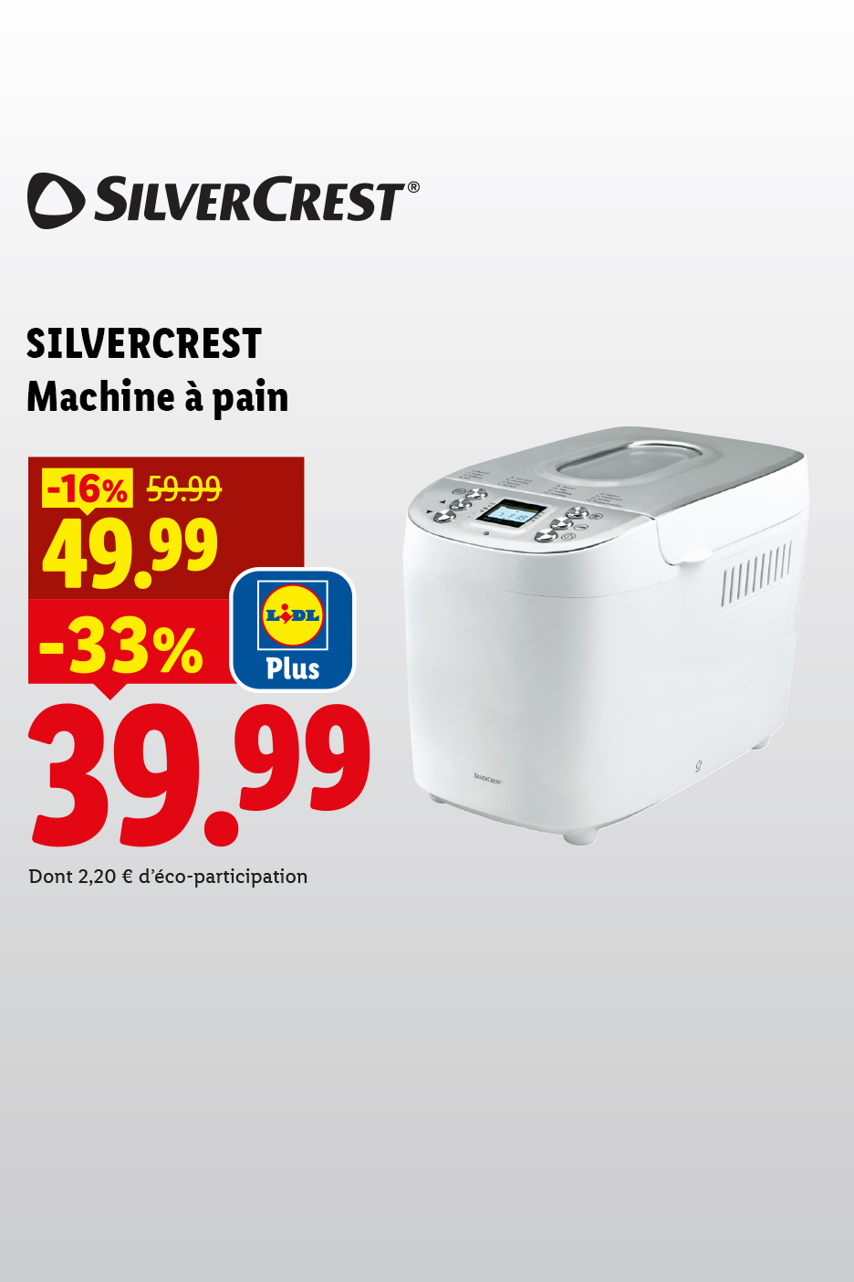 Machine à pain blanche avec des réductions de prix affichées.