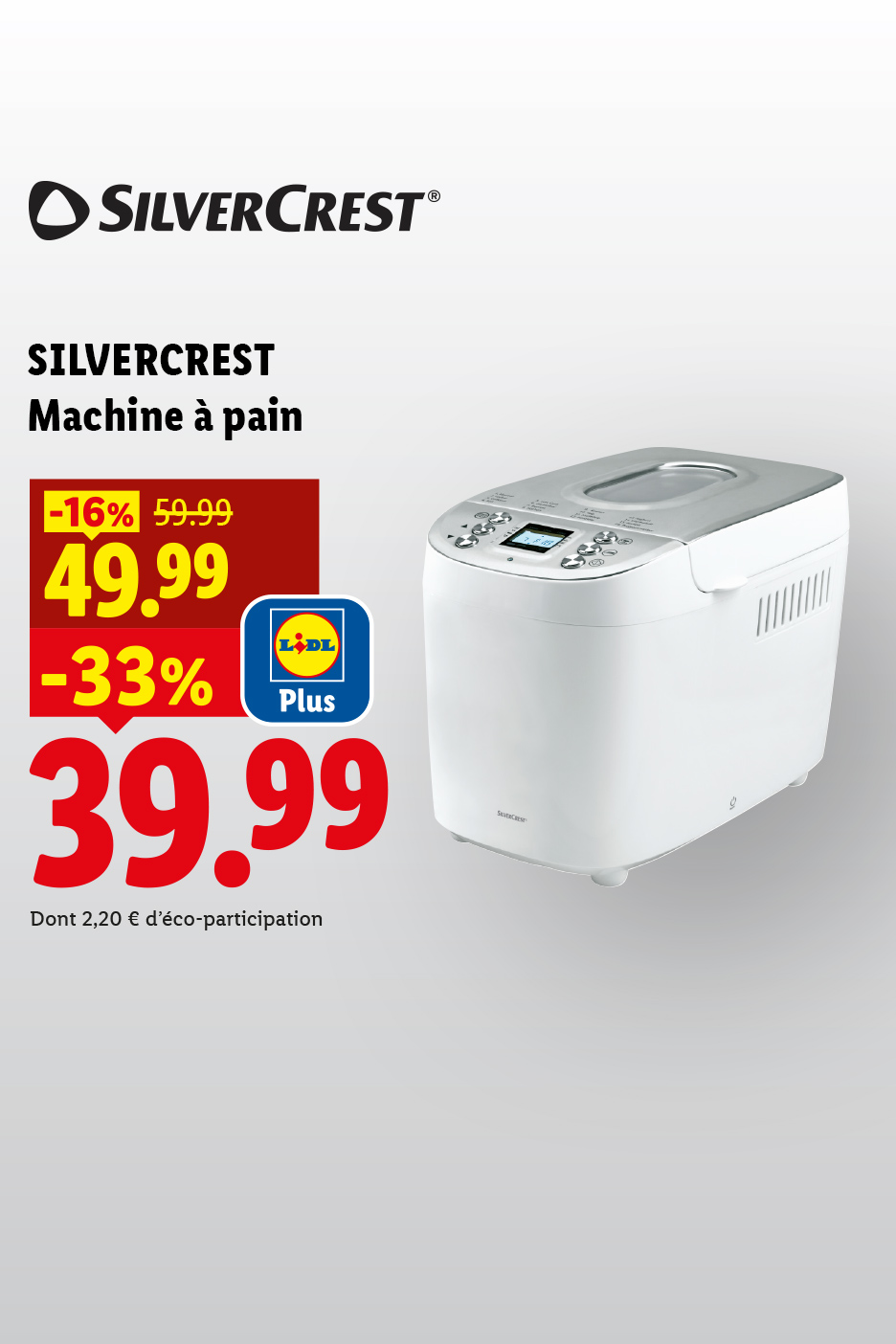 Machine à pain blanche avec des réductions de prix et le logo Lidl Plus.