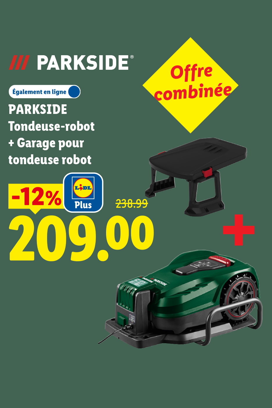 Offre combinée pour une tondeuse-robot et son garage, avec une réduction de 12%.
