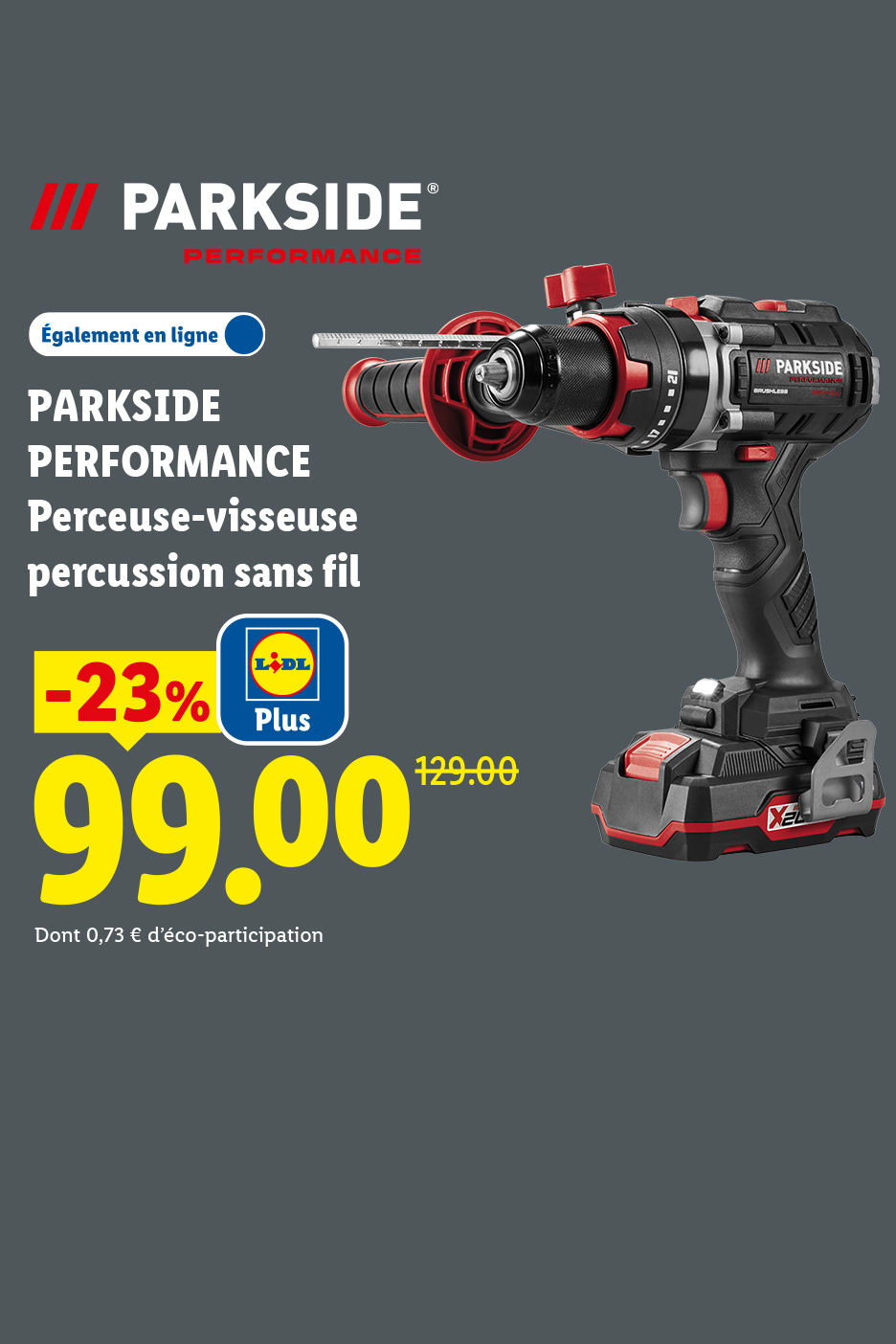 Perceuse-visseuse à percussion sans fil en promotion à 99,00 € au lieu de 129,00 €.