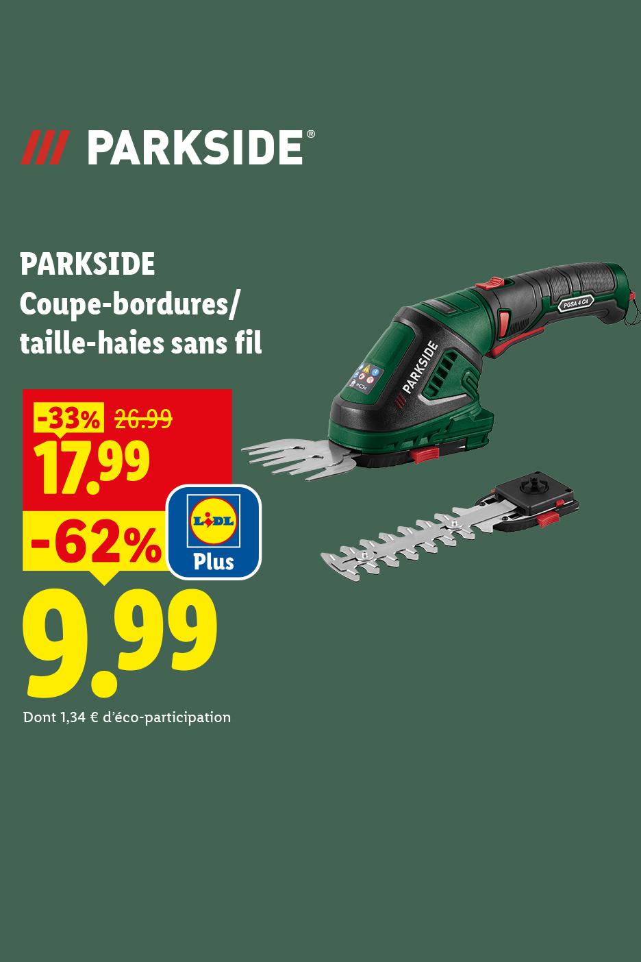 Taille-bordures/taille-haies sans fil avec des réductions de prix et le logo Lidl Plus.