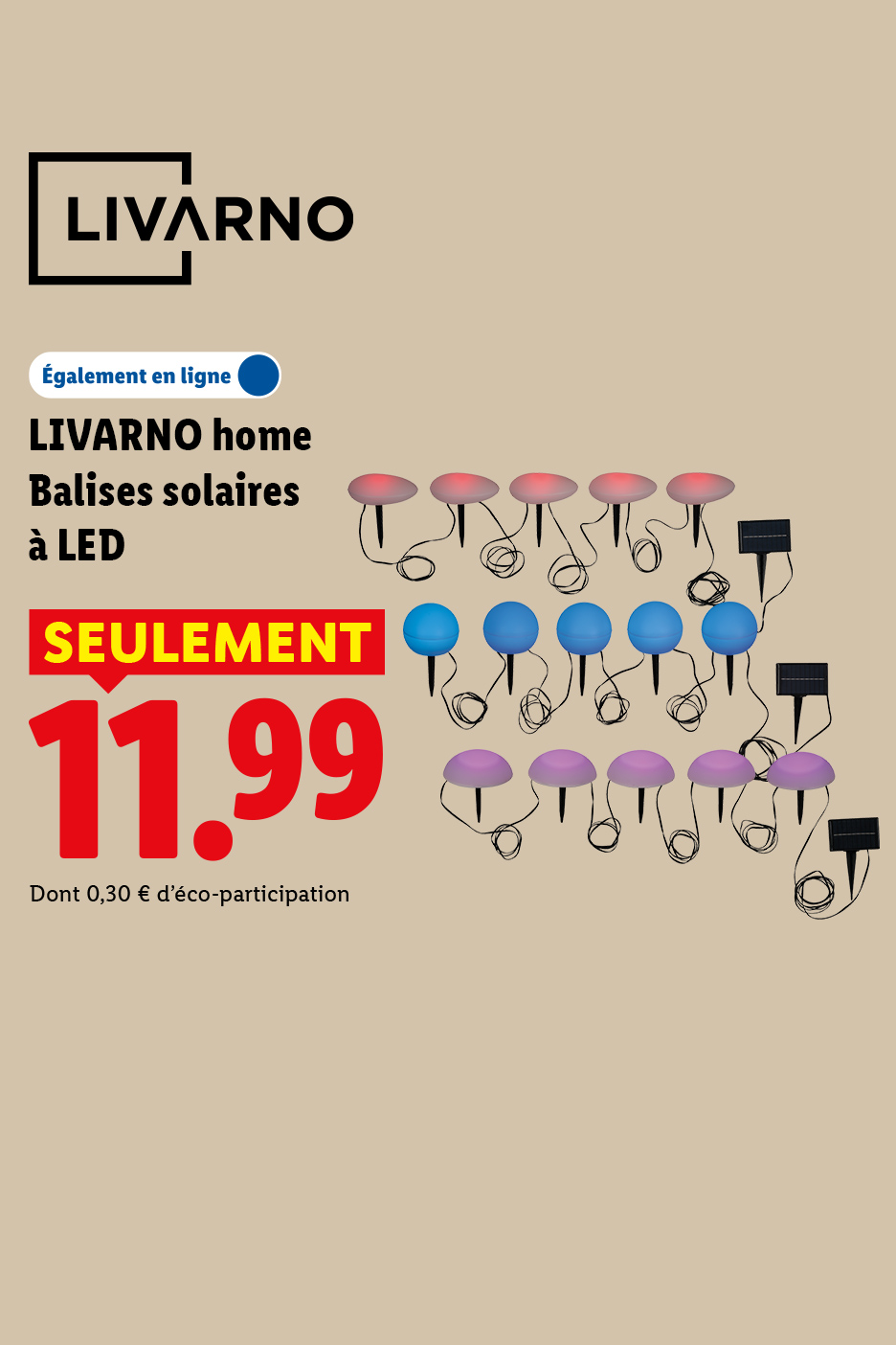Balises solaires à LED de différentes couleurs, disponibles en ligne, au prix de 11,99 €.