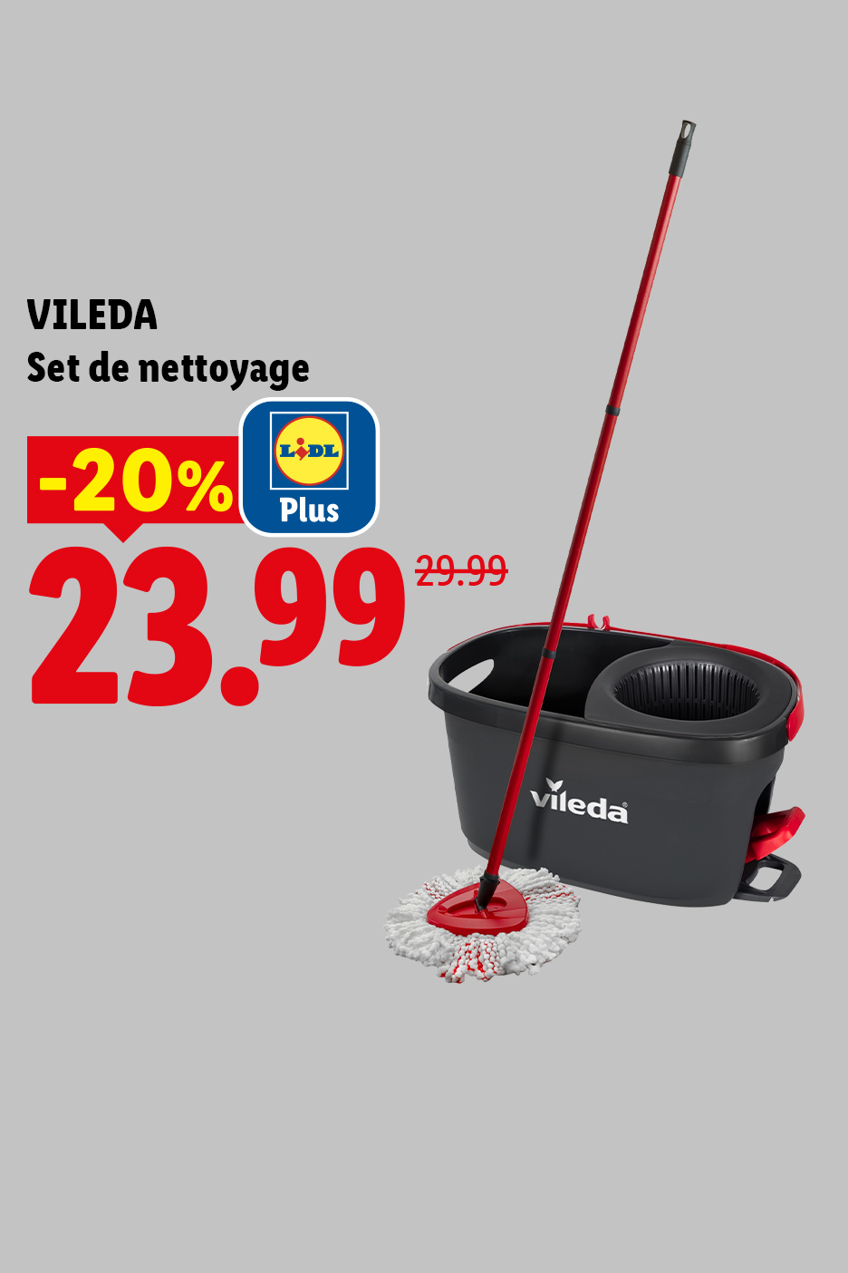 A partir du jeudi 6/08, profitez de -20% de réduction avec Lidl Plus sur notre set de nettoyage VILEDA, à 23,99€ au lieu de 29,99€, seulement chez Lidl !