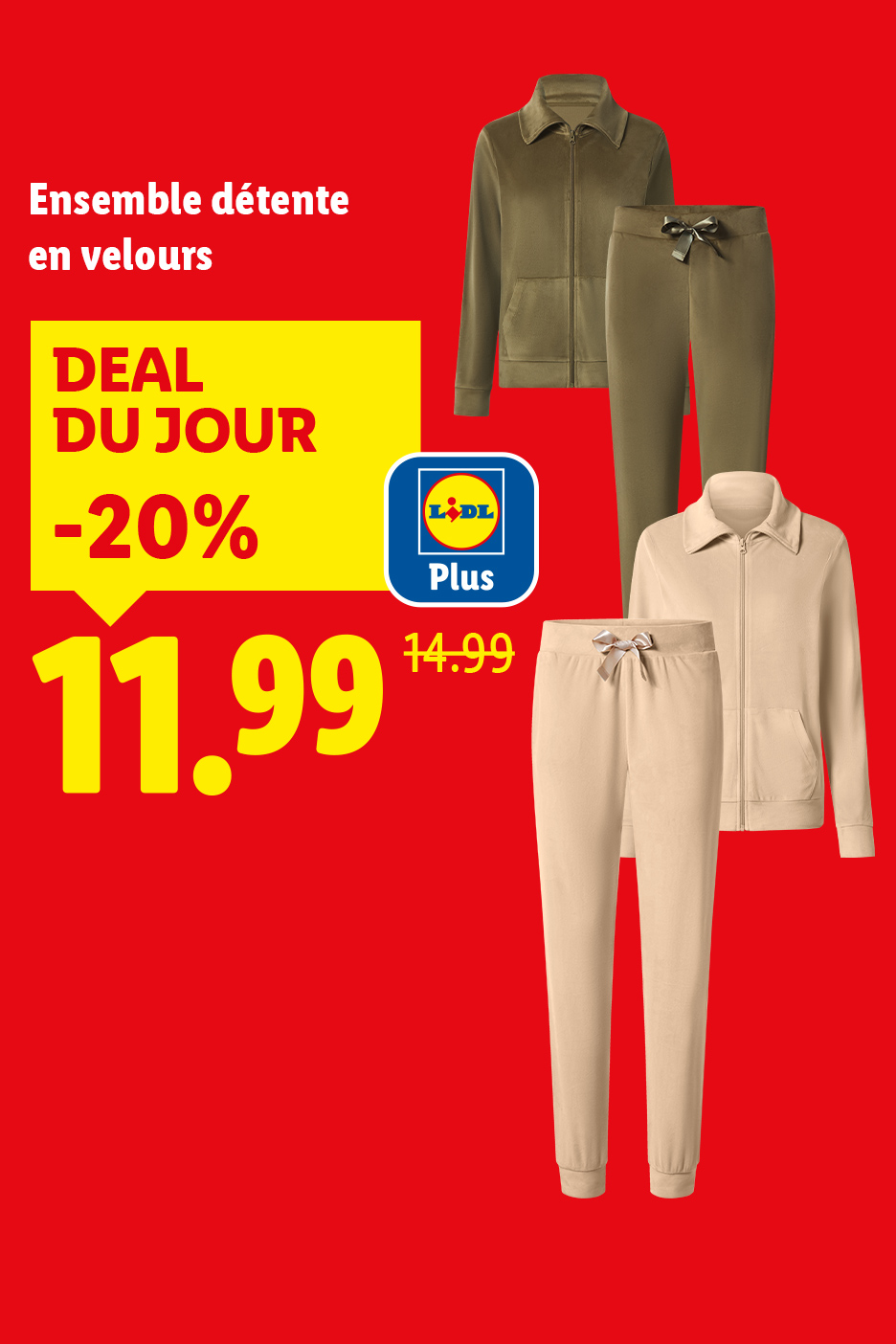Ensemble détente en velours vert olive et beige, avec une offre spéciale de -20% à 11,99€.