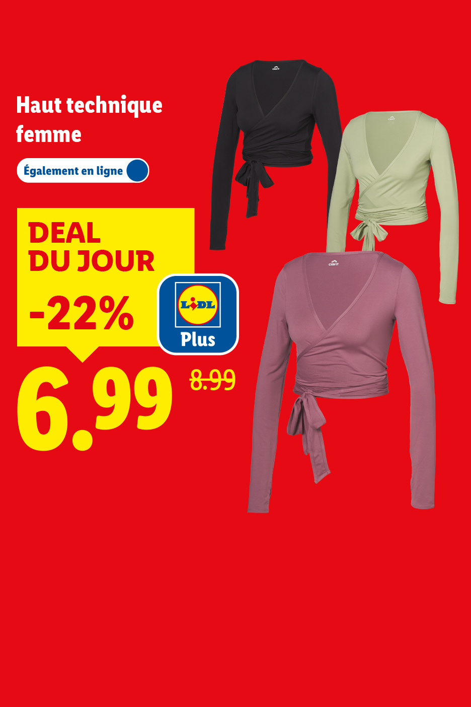Haut technique femme en trois couleurs (noir, vert clair, rose) avec une réduction de 22% à 6,99€.