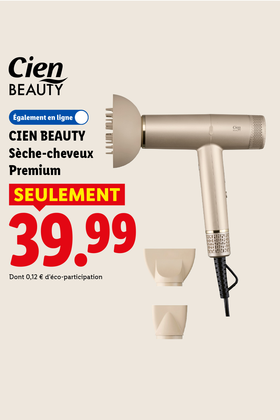 Sèche-cheveux premium doré avec accessoires, affiché à 39,99 €.