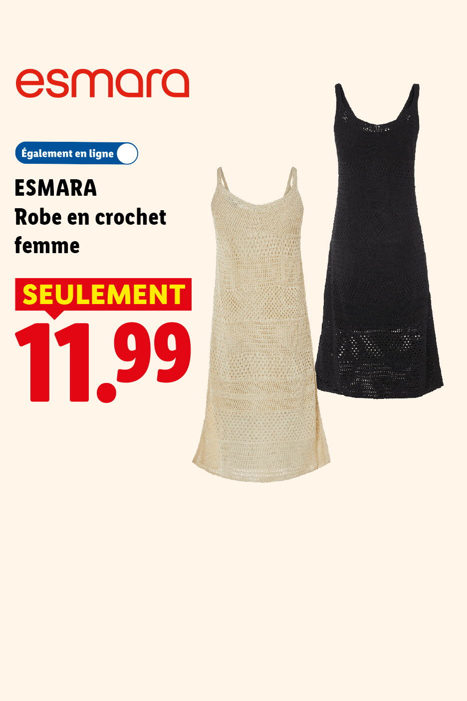 Deux robes en crochet pour femme, une beige et une noire, affichées à 11,99 €.