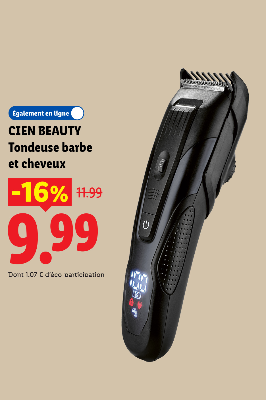 Tondeuse barbe et cheveux noire avec affichage numérique, en promotion à 9,99 €.