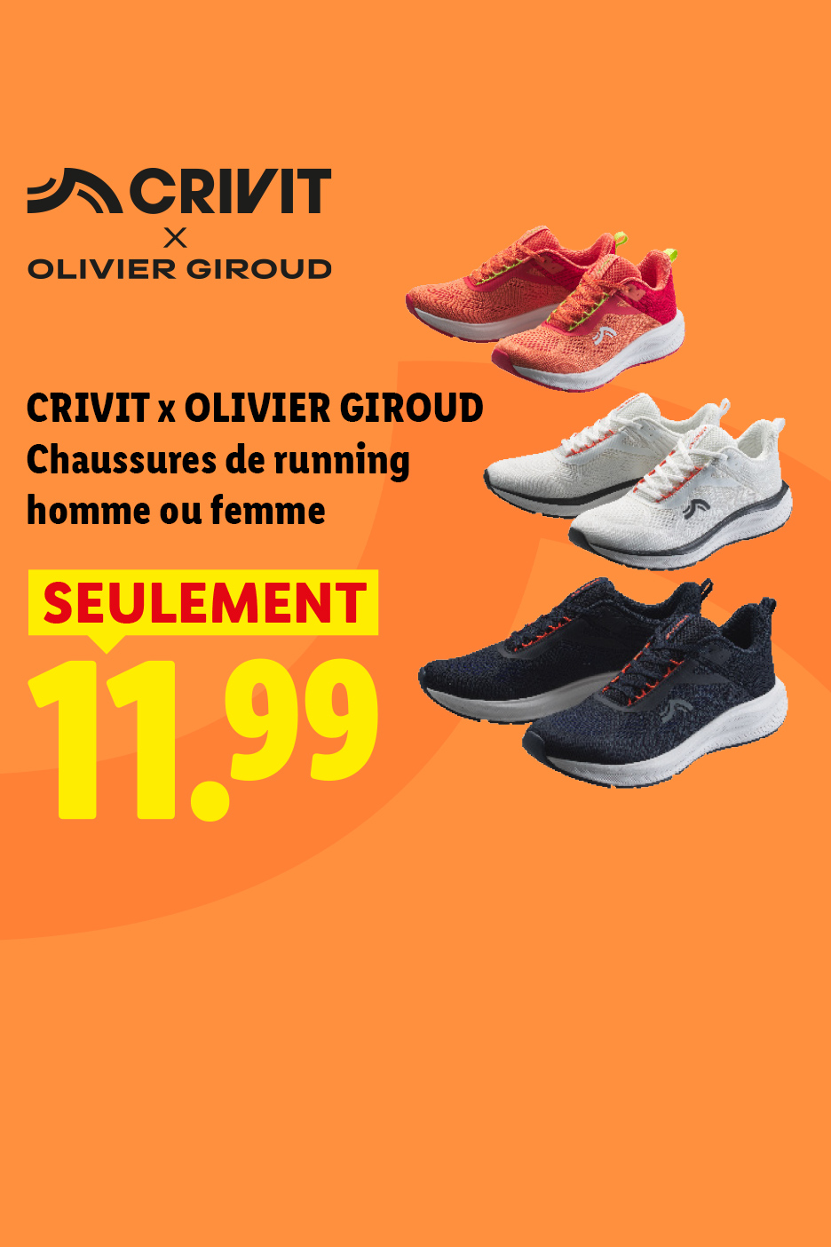 Chaussures de running pour homme ou femme en orange, blanc et bleu, à 11,99 €.