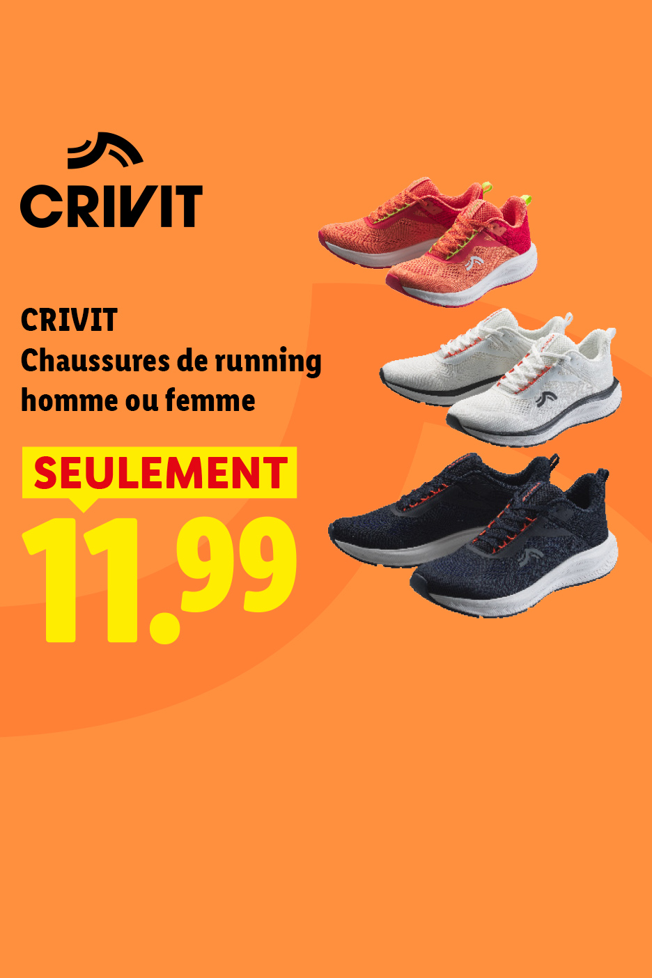 Chaussures de running pour homme ou femme en trois couleurs, à 11,99 €.