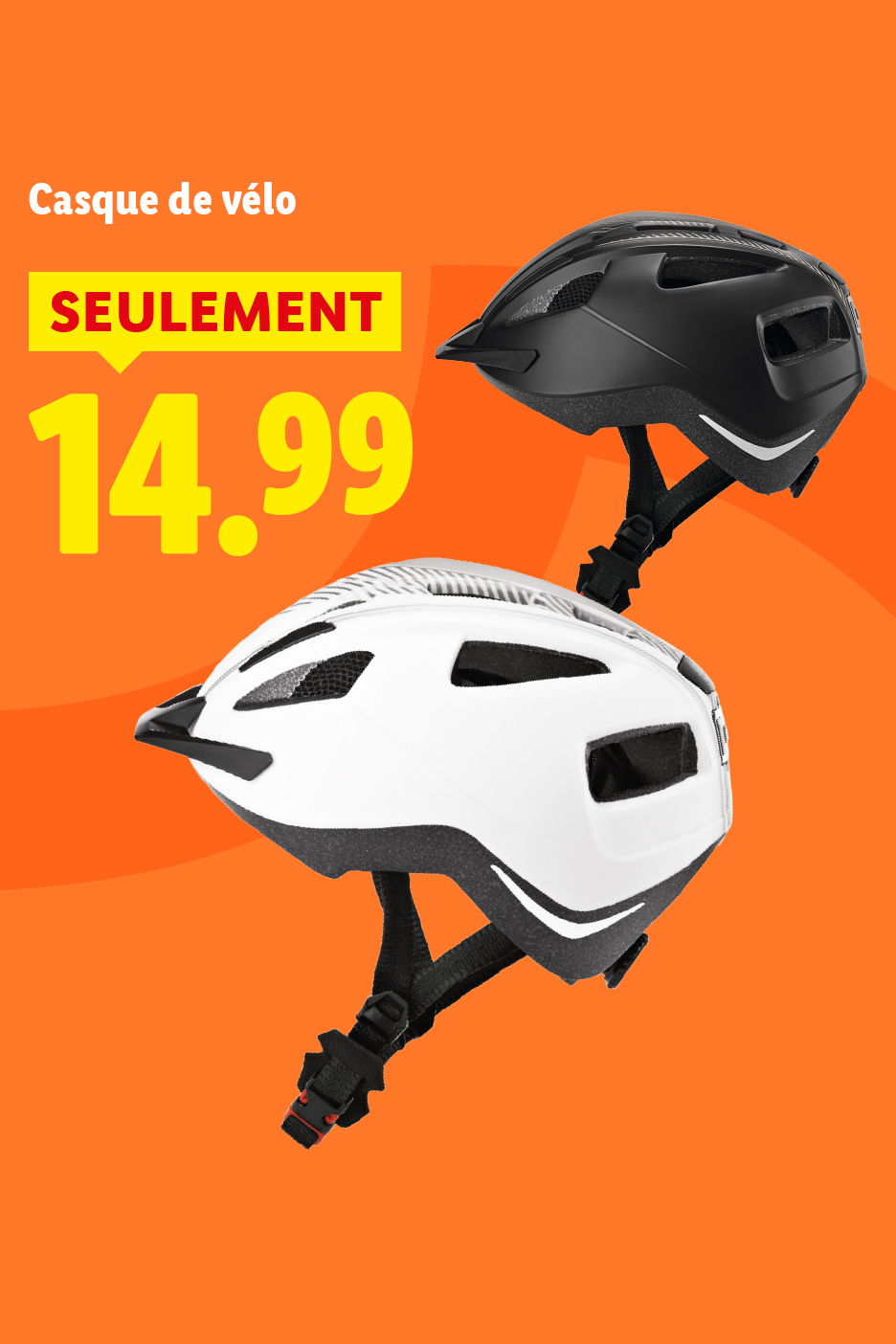 Deux casques de vélo, un noir et un blanc, avec l'inscription 'Casque de vélo SEULEMENT 14.99'.