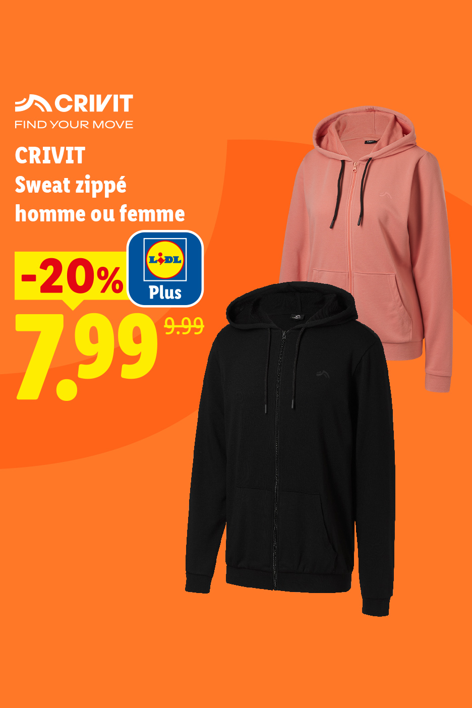Deux sweats zippés, un rose et un noir, avec une réduction de 20% à 7,99€.