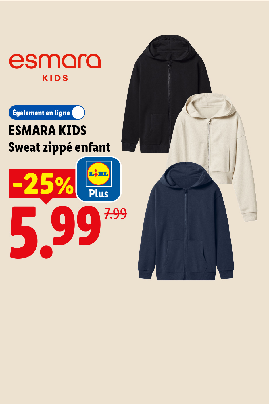 Trois sweats zippés pour enfants en noir, beige et bleu marine, avec une réduction de 25%.