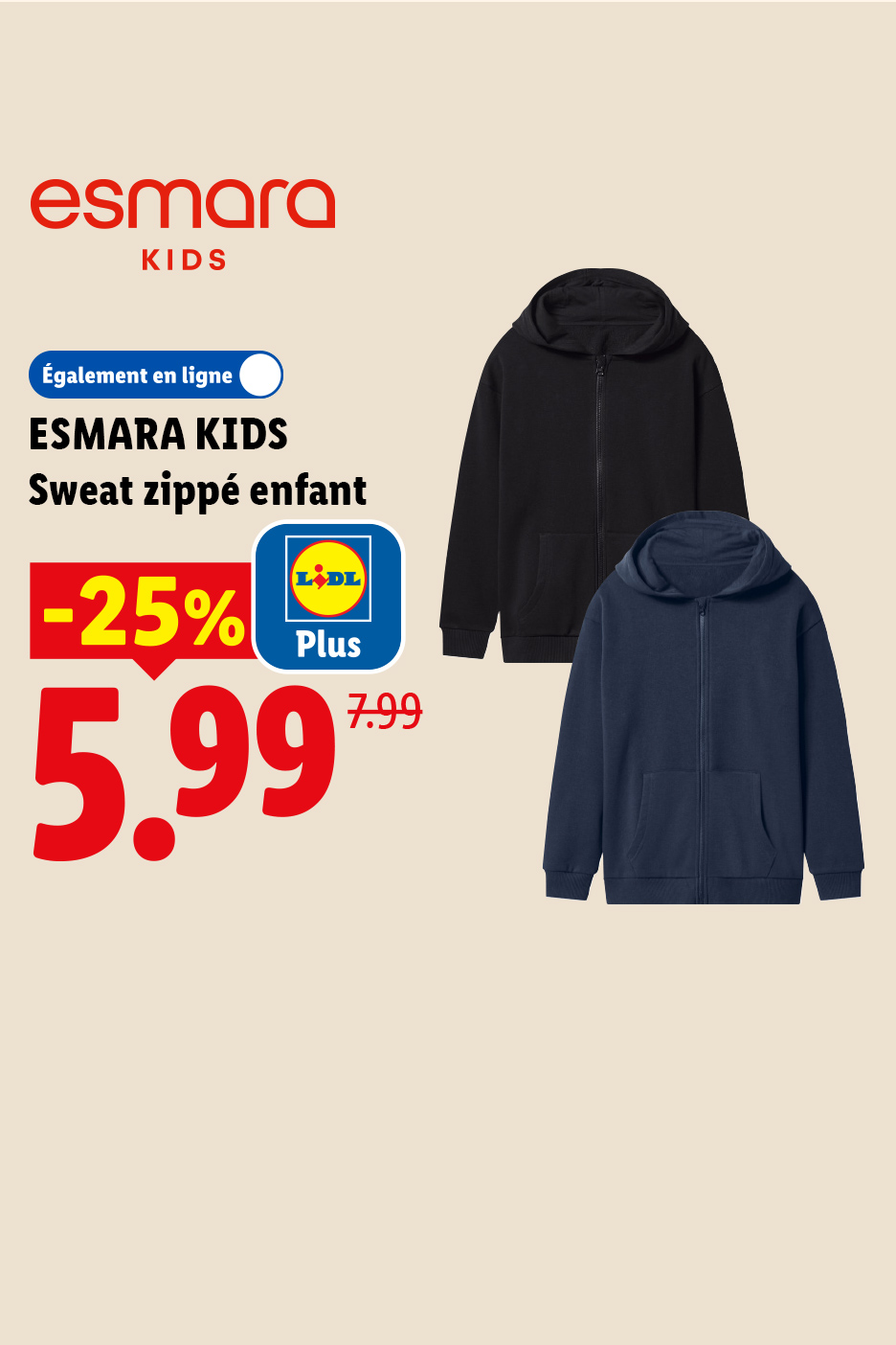 Deux sweats zippés pour enfants, un noir et un bleu marine, avec une réduction de 25%.