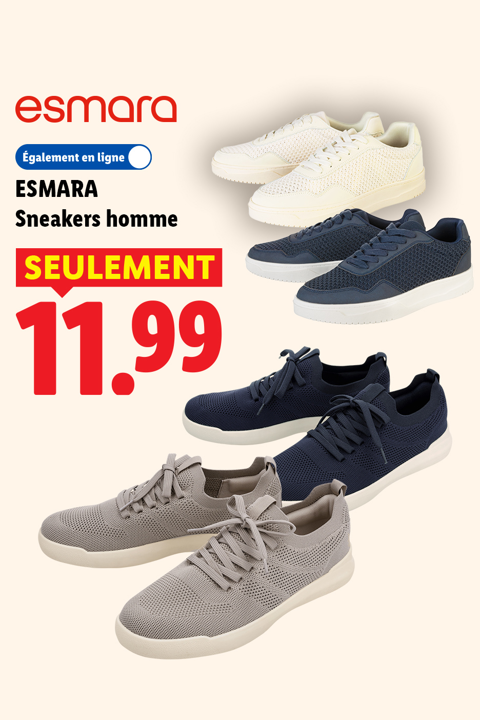 Baskets homme en plusieurs couleurs (blanc, bleu marine, gris) à 11,99€, également disponibles en ligne.