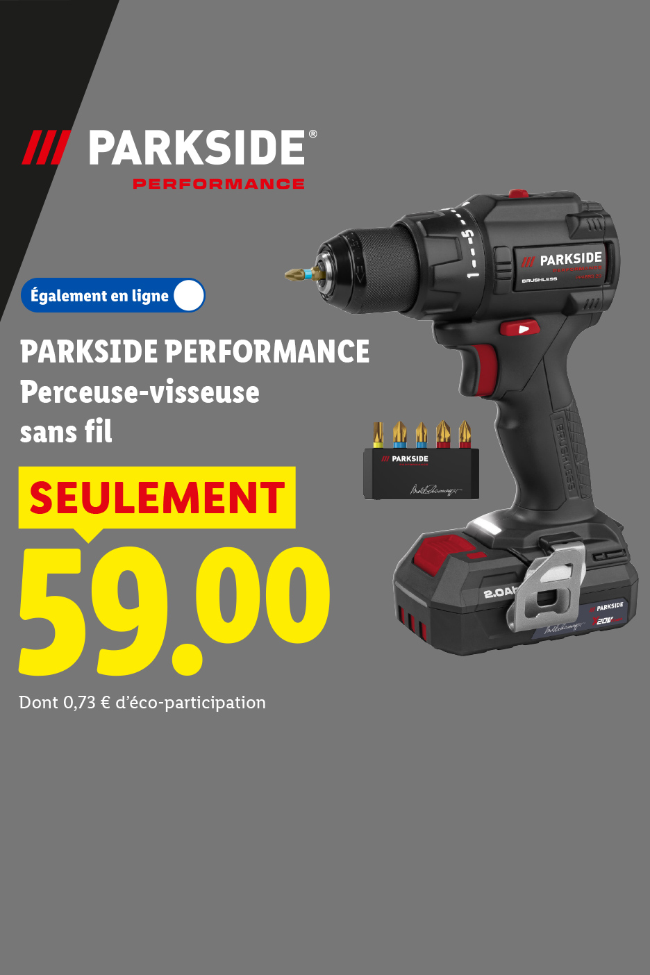 Perceuse-visseuse sans fil avec batterie et embouts, affichée avec un prix de 59,00 €.