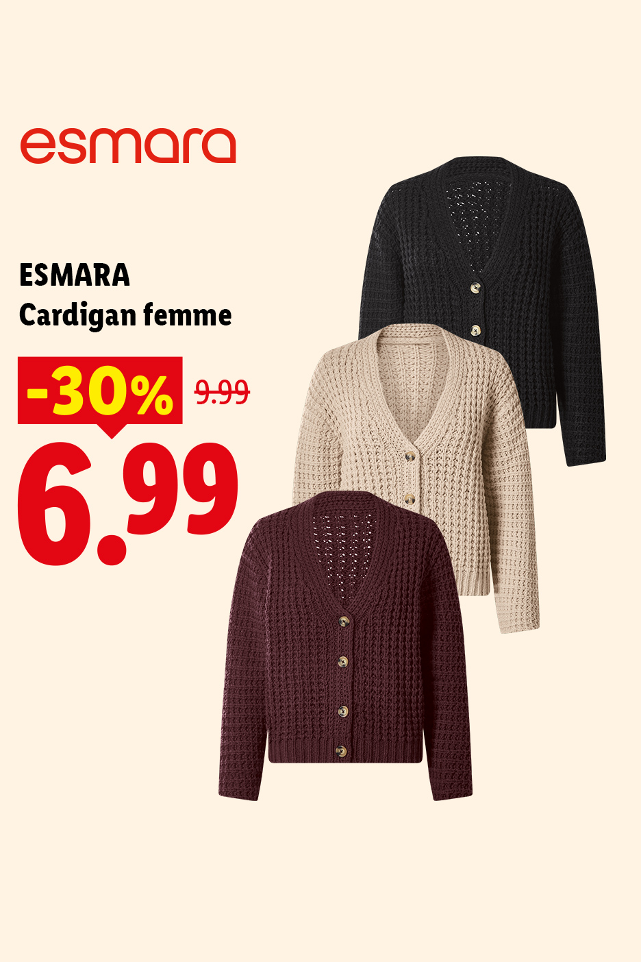 Cardigan femme à 6,99 € au lieu de 9,99€ soit une réduction de -30%
