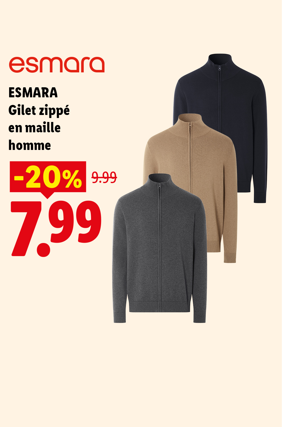 A partir du jeudi 01/10, profitez d'une remise de -20% sur notre gilet zippé en maille pour homme à 7,99€ au lieu de 9,99€, uniquement chez Lidl !
