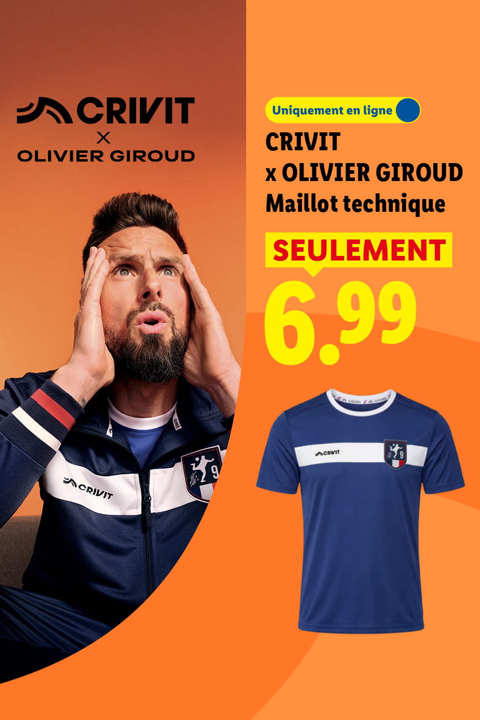 Maillot technique CRIVIT x Olivier Giroud, nouvel ambassadeur Lidl, à 6,99€, disponible en ligne à partir du 16/06.