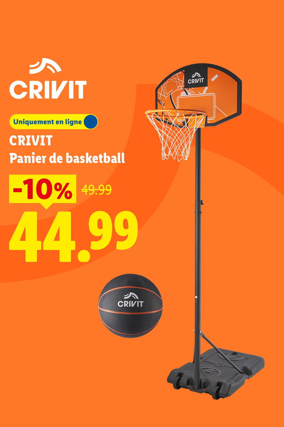 Panier de basketball avec ballon, en promotion à 44,99 €.