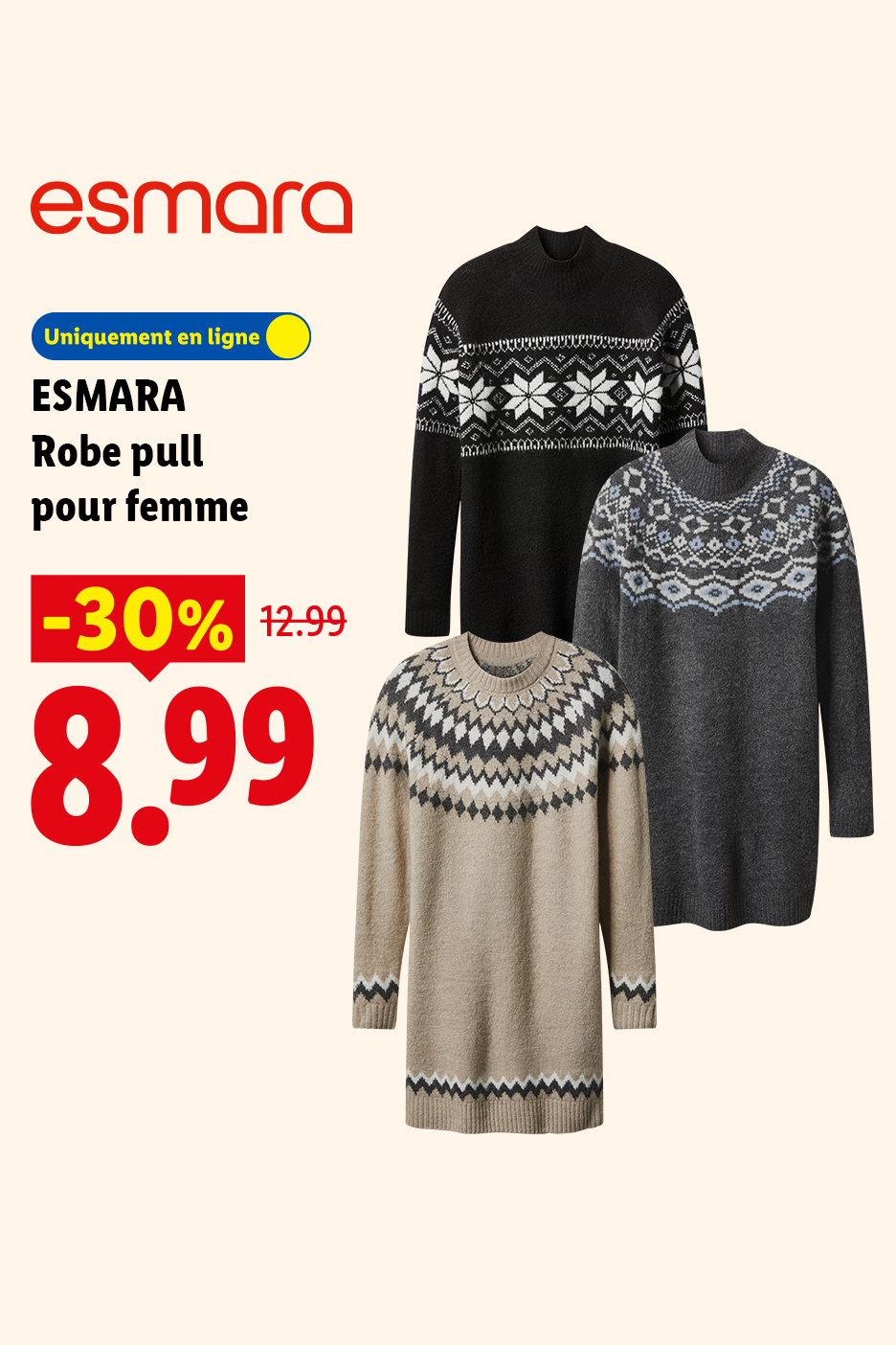 Robe pull pour femme ESMARA à 8,99€ au lieu de 12,99€ grâce à -30% de remise, uniquement sur lidl.fr