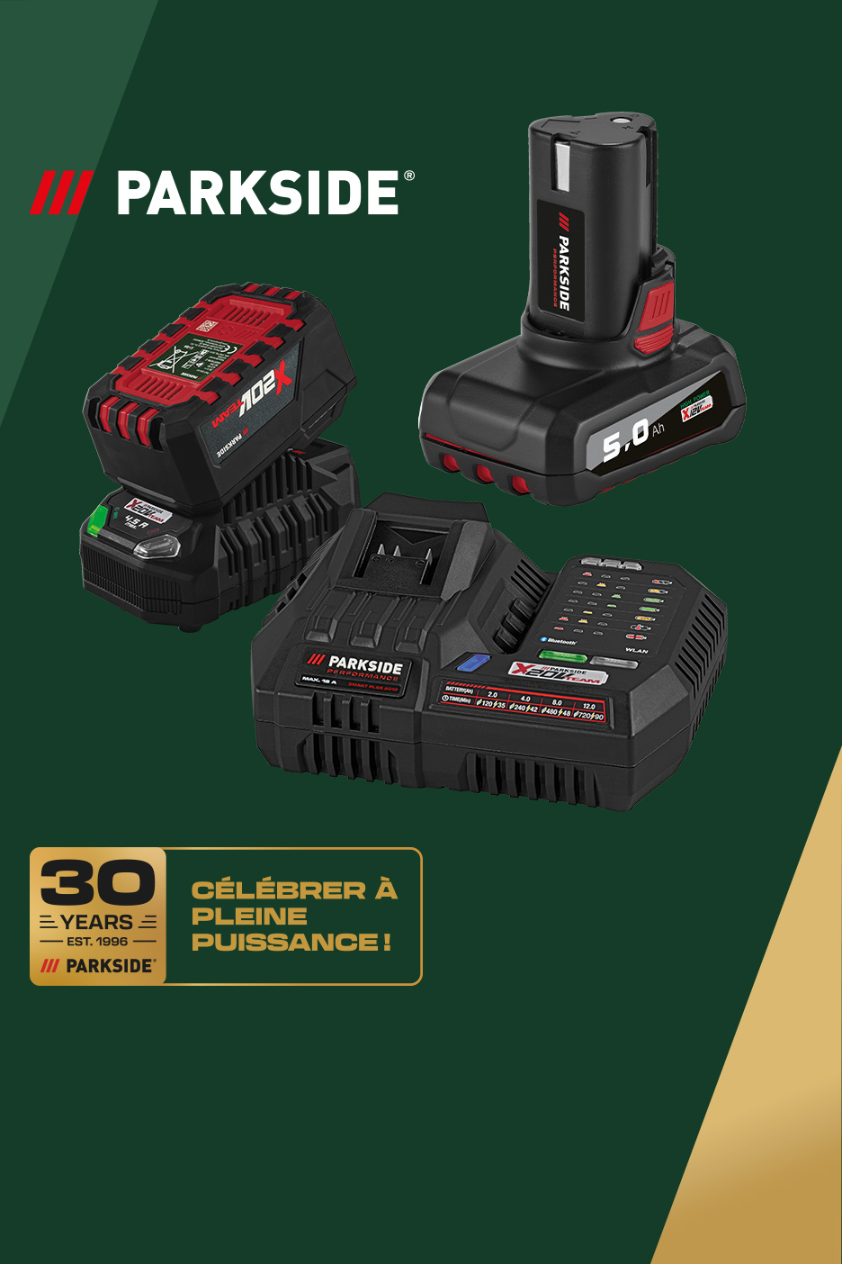 Batteries et chargeurs d'outillage sur fond vert célébrant 30 ans de puissance.