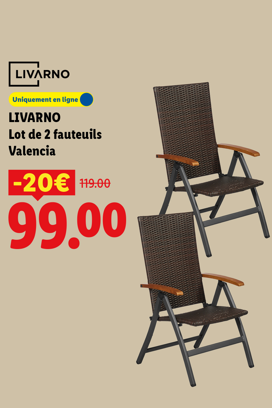 Lot de 2 fauteuils Valencia en osier marron, prix réduit à 99.00€.
