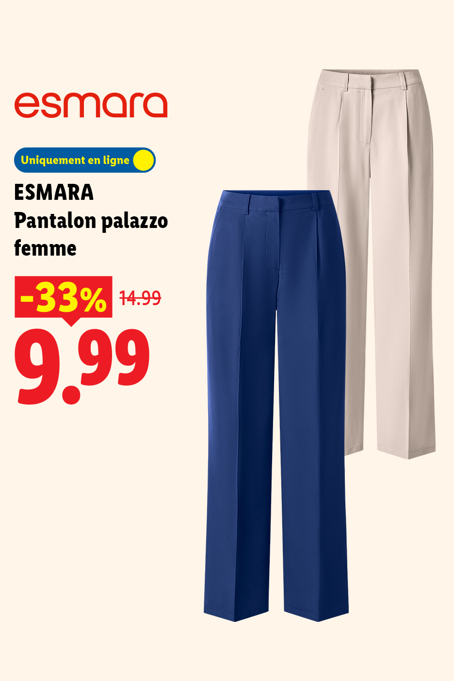 Pantalons palazzo pour femme en bleu et beige, avec une offre de -33% à 9,99€.