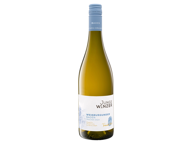Bouteille de vin blanc avec une étiquette 'JUNGE WINZER WEISSBURGUNDER BADEN'